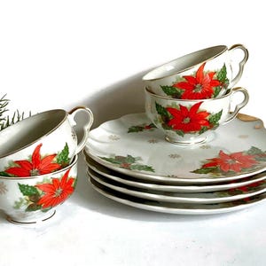 Vintage Christmas Porcelain Snack Sets, Lipper & Mann, Red Poinsettias, Four Sets