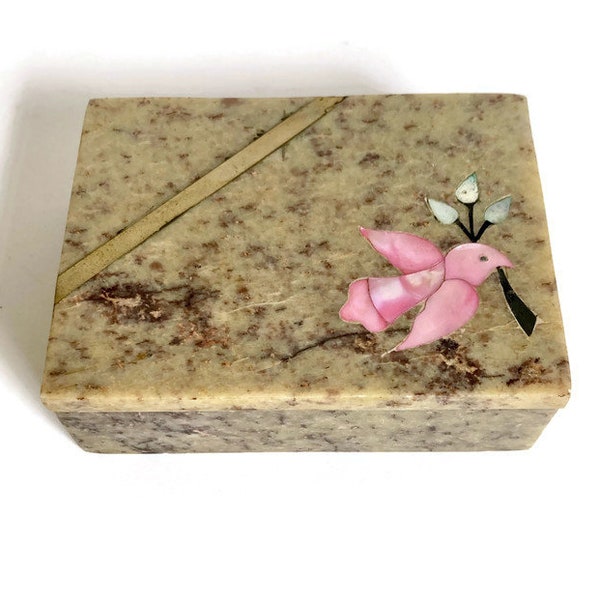 Vintage Small Soapstone Box, Shell Inlay, Pink Bird, Made in India