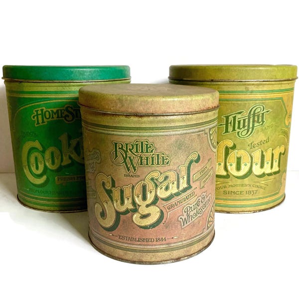 Vintage 1970s Tin Canister Set, Sugar, Flour Cookies