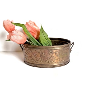 Vintage Embossed Brass Planter with Handles, Oblong Shape, Grape Leaves
