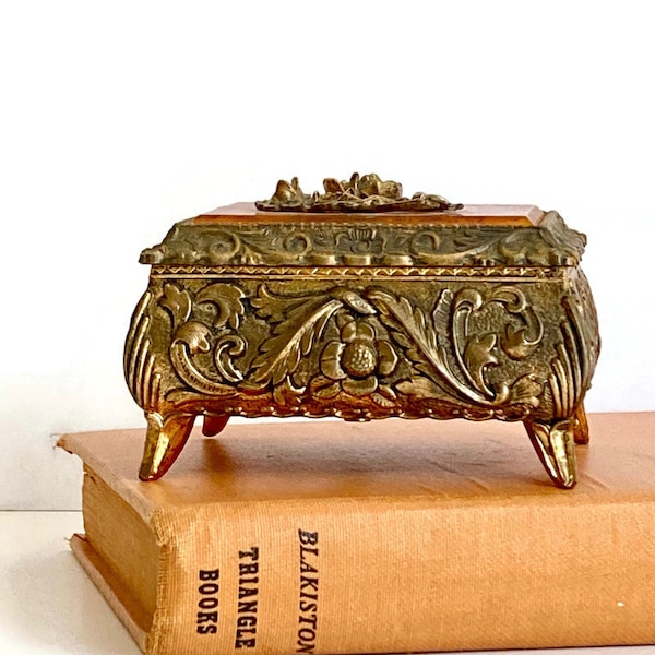 Vintage Musical Jewelry Box, Ornate Metal and Lucite, Music Box Dancer