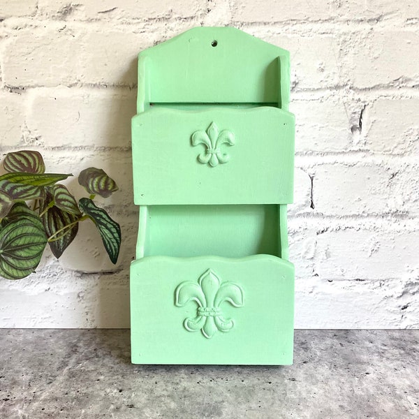 Vintage Wood Repainted & Embellished Letter/Mail Holder, Mint Green, Fleur De Lis