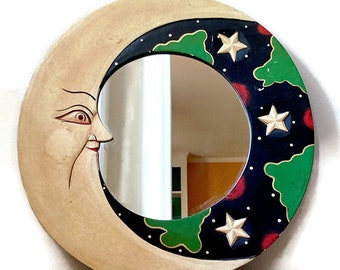Vintage Carved Wood Mirror, Moon and Stars, Whimsical Decor