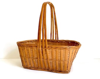 Vintage Woven Bamboo Rectangular Basket with Handle, Made in PROC