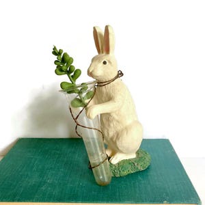 Vintage Resin Bunny Figurine with Glass Vase