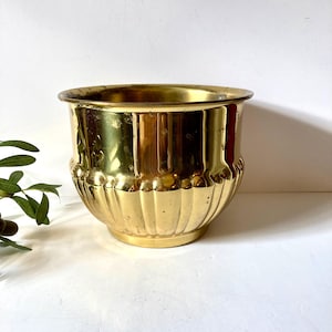 May include: A vintage brass planter with a fluted design. The gold-colored pot has a rounded shape with a wide rim and a decorative, ridged pattern around the body. The planter is suitable for indoor or outdoor use.