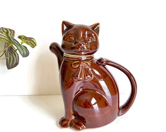 Vintage Brown Cat Teapot, Ceramic Tea Pot, Cat Lovers Gift