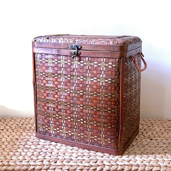 Vintage Woven Chest, Large Storage Box, Wicker & Brass