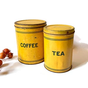 Vintage Yellow Tin Canister Set, Coffee & Tea, Rusty Crusty