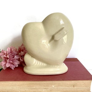 Vintage Ceramic Pierced Heart Vase, Arrow, Creamy Glaze