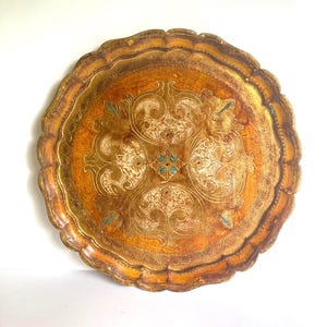 Large Vintage Round Florentine Tray, Gold & Green