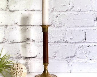 Vintage Brass and Wood Candle Holder, Single Taper, Candlestick, Candleholder