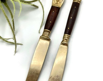 Vintage Siam Nickel Bronze and Wood Knives, Mismatched Pair