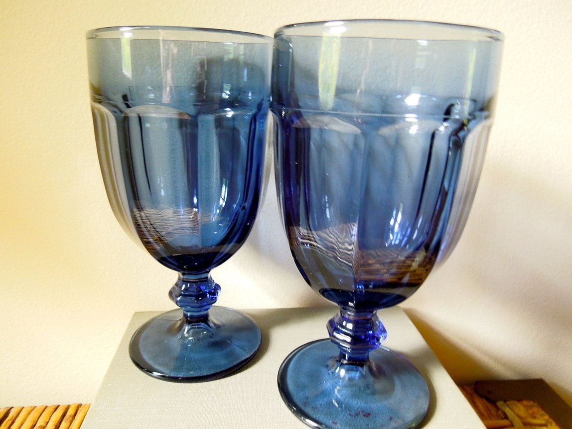 Vintage libbey blue glass goblets SET of 2 Etsy