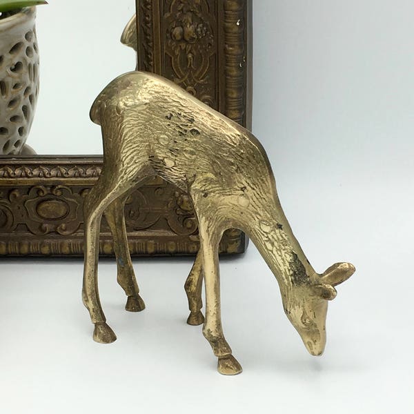 Vintage Brass Deer, Grazing Deer Figurine, Brass Decor, Boho, Standing Deer, Woodland Animal, On Sale