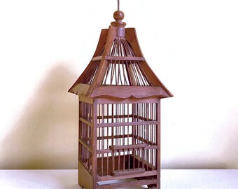 Vintage Wood Tall Bird Cage with Hanger, No Bottom