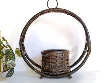 Vintage Circular Woven Hanging Planter Basket