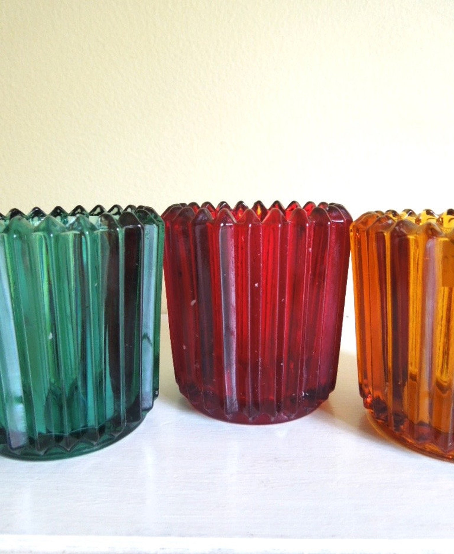 Ribbed Glass Votive Holders Vintage Candle Holders Colorful Etsy