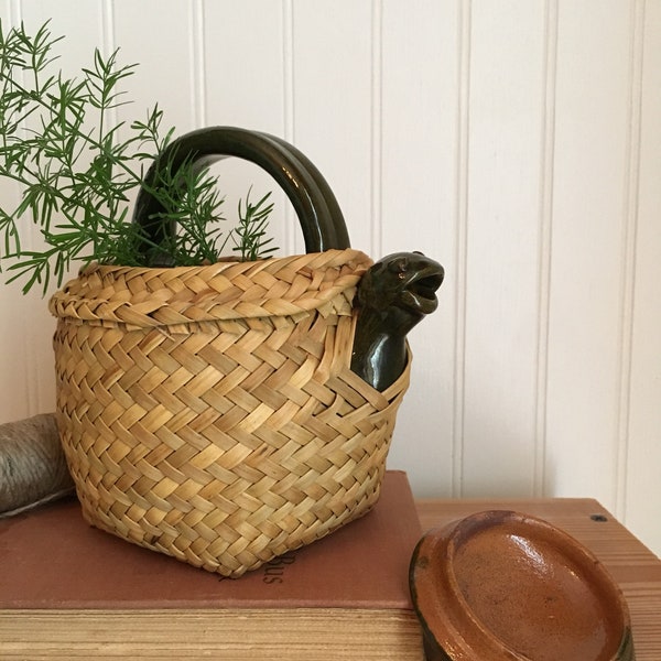Vintage Pottery Teapot, Turtle, Wicker Cozy