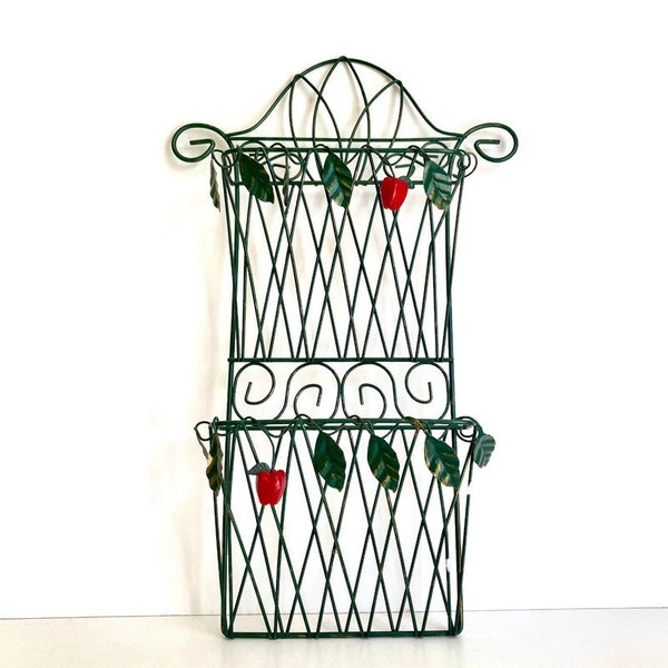 Vintage Wire Mail Holder, Organizer, Green with Tiny Apples, Wall Basket