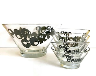 Vintage Glass Popcorn Bowl Set, Large and Four Small, Graphics