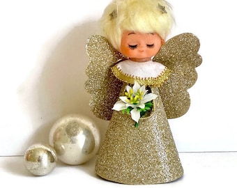 Vintage Angel Girl Tree Topper, Rubber Face Doll with Blonde Hair, Mid Century Christmas