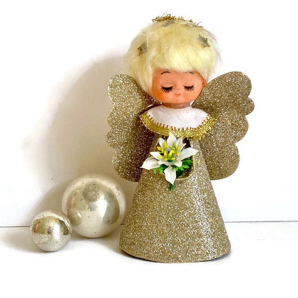 Vintage Angel Girl Tree Topper, Rubber Face Doll with Blonde Hair, Mid Century Christmas