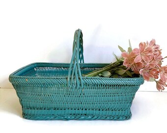 Vintage Woven Bamboo Gathering Basket Painted Teal Blue/Green