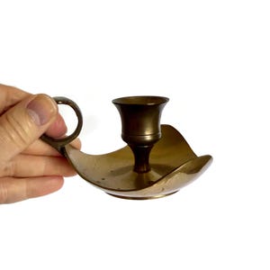 Vintage Brass Chamberstick Candle Holder, Triangular Base Candlestick, Mid Century Modern Gothic Decor