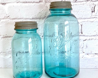 Vintage Ball Mason Jars, Set of 2, Aqua Color, Zinc Lids, 1900-1923