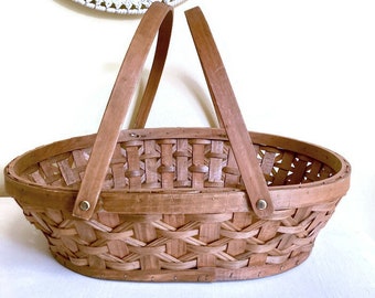 Vintage Large Shallow Basket with Handles, Slat Woven, Storage Basket