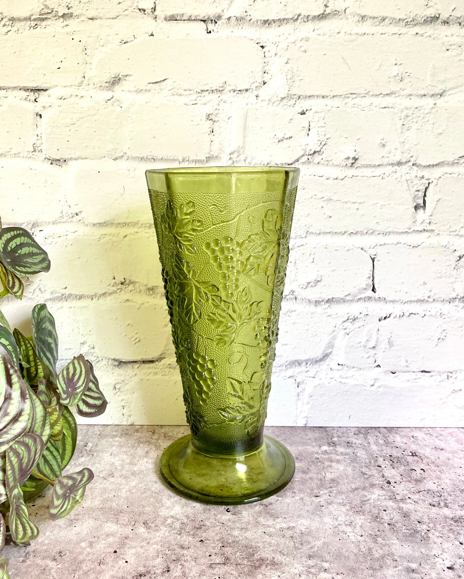 Vintage Green Glass Octagonal Vase Leaf & Grape Etsy