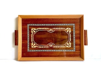 Vintage Neoclassic Style Wood Lacquered Tray With Handles