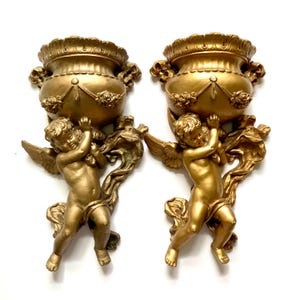 Vintage Gold Molded Plastic Wall Hangings, Cherubs, Planters