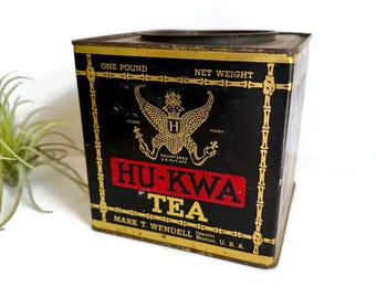 Antique Empty Tea Tin, Hu-Kwa Tea, Black, Red & Gold