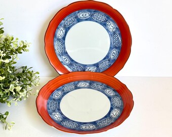 SET Vintage Style Red Strawberries and Blue Trim 8'' Plates