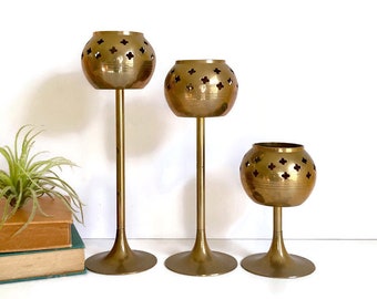 Vintage Trio of Brass Punched/Pierced Votive Candleholders, Quatrefoil Design