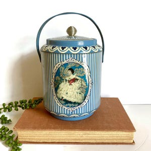 Vintage English Biscuit Tin with Handle, Blue and White, Lady Reading