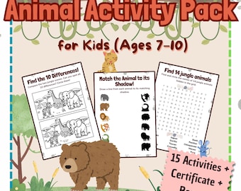 Pack de Actividades de Animales para Niños | 15 Páginas Imprimibles + Página para Colorear + Certificado | Fichas Educativas de 7 a 10 Años