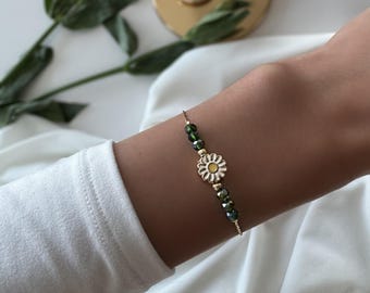 Vergulde madeliefje verstelbaar handgemaakt, messing kralenarmband, sieraden, boho, elegant, voor dames
