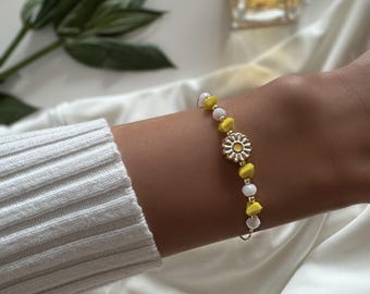 Vergulde madeliefje verstelbaar handgemaakt, messing kralenarmband, sieraden, boho, elegant, voor dames