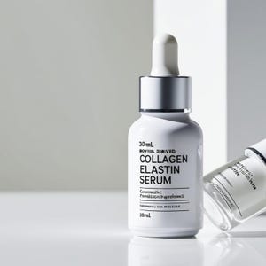 May include: A 30 ml bottle of Soymilk Derived Collagen Elastin Serum. The bottle has a silver cap and a dropper.