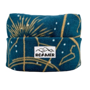 May include: A folded teal fleece neck gaiter with a gold constellation design and the word "ROAMER" on a white patch. The neck gaiter is designed to keep the neck warm.