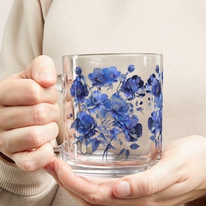 Blue Chinoiserie Glass Mug, 10 oz Vintage Floral Aesthetic Coffee Cup, Clear Iced Tea Mug, Cottagecore Drinkware, Coquette Gift for Her