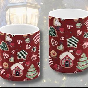 Christmas Coffee Mug: Gingerbread Cookies & Festive Trees, Holiday Ceramic Cup