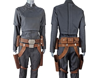 Disfraz de cosplay de Din Djarin, el mandaloriano: traje de vuelo para mujer con cinturón de cuero y fundas.
