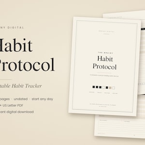May include: A digital habit tracker titled Habit Protocol with a beige background and black text. The document includes 40 pages, is undated, and comes in A4 and US Letter PDF formats. The layout features structured grids for tracking.