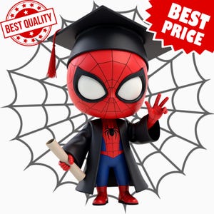 Könnte beinhalten: Eine Cartoon-Illustration eines roten und blauen Spider-Man, der eine schwarze Graduierungsrobe und eine Kappe trägt. Er hält ein zusammengerolltes Diplom in seiner linken Hand und hat seine rechte Hand in einer feierlichen Geste erhoben. Der Hintergrund ist ein graues Spinnennetz.