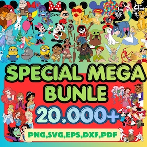 May include: A vibrant digital art bundle showcasing numerous cartoon characters, including Disney and Pixar favourites. The text "SPECIAL MEGA BUNDLE" and "20.000+" are displayed, along with file format options: PNG, SVG, EPS, DXF, and PDF.