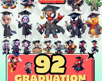 Graduation Clipart PNG Bundle | 92 Superhero & Cartoon Designs (Digital Download)
